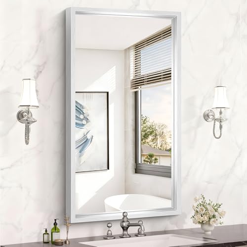 Image of 24 x 42 inch Brushed Silver Bathroom Mirror, Metal Framed Rectangle Mirror, 0.6 inch Thickened Deep Frame Mirrors for Living Room Bedroom Entryway, Tempered Glass, Antirust, Horizontal or Vertical