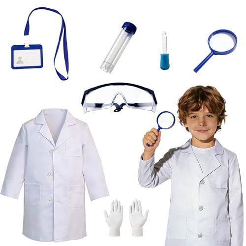 Ballery Set de disfraz de médico y científico para niños (bata de laboratorio) con gafas protectoras, tarjeta de identificación y lupa — Disfraz de Halloween y juego de imitación para niños y niñas