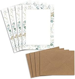 Zestaw 200 arkuszy papieru listowego DIN A5, naturalnych, kremowych z gałązkami eukaliptusa, wraz z kopertami DIN C6 w kolorze zielonym, nadają się do drukowania, doskonałe do zaproszeń ślubnych