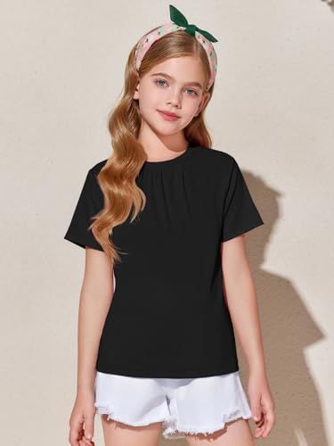 Image of Haloumoning Girls Short Sleeve T Shirts Kids Summer Pleated Tops Casual Crewneck Tees 5-14 Years