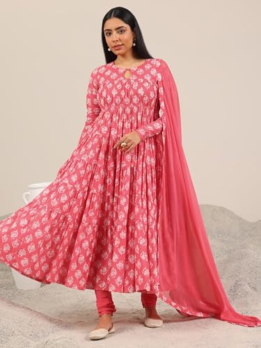 Image of Libas Printed Cotton A-Line Kurta With Churidar and Dupatta