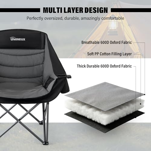 UMINEUX Silla de Camping Plegable para Adultos, Extra Ancha, Soporta 500 lbs, Tapizada, Portátil, 2 Piezas, Negro y Gris miniatura 4