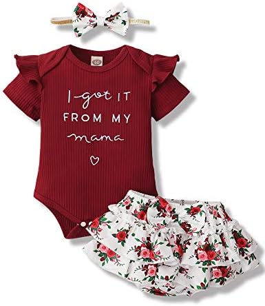 Mioglrie Newborn Baby Girl Clothes Romper Shorts Set Ruffle Infant Girl Clothes Knitted Baby Girls' Clothing Daddys Little Girl Baby Clothes Maroon Baby Clothes Girl 0-3 Months