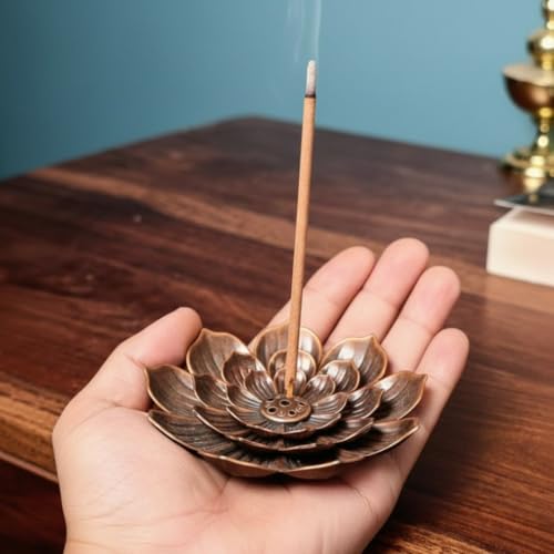 Image of SATYAM KRAFT 1 Pcs Lotus Flower Design Agarbatti Stand Incense Holder Detachable Ash Catcher Metal for Decorations Setup, Home, Pooja, Mandir, Wedding, Spiritual Events, Insence Burner (Bronze)