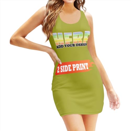 Custom Tight Dress for Women Personalized Dress with Logo Text Photo Custom Tank Dress Print Scoop Neck Sleeveless Sexy Dress Olive XX-Large