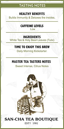 Image of Sancha Tea Boutique Tulsi White Tea (25X3 Cups), Pure Tea Buds blended with Holy Basil Leaves, Worlds Healthiest Tea, Silver Needles White Tea