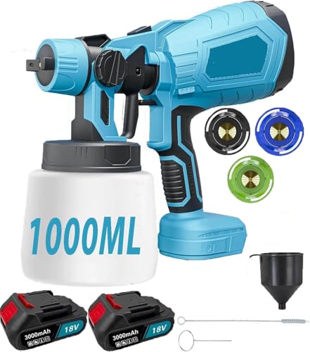 Spritzpistole, mit Akku 2 x 3000 mAh und Ladegerät Pistole zum Lackieren von Wänden, Decken, Gartenzaun, Farbspritzpistole & Sprühgerät 1000 ml, Abnehmbarer Behälter