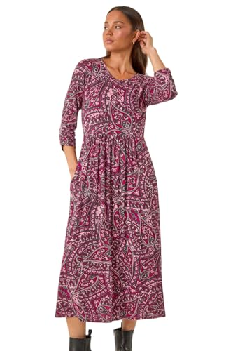 Image of Roman Originals Midi Dress with Pockets for Women UK Ladies Stretchy Jersey Maxi Long 3/4 Length Sleeve Gathered High Waist Boho Flattering Skater Swing Fit Flare - Petite Paisley Purple - Size 10