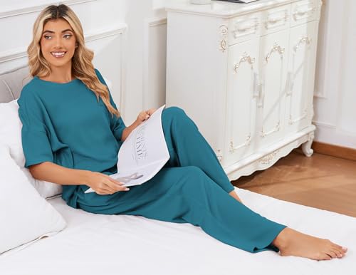 Image of JiniGolla Womens Pajama Sets Waffle Knit Short Sleeve Shirt with Long Pajama Pants Soft Sleepwear Pj Lounge Sets