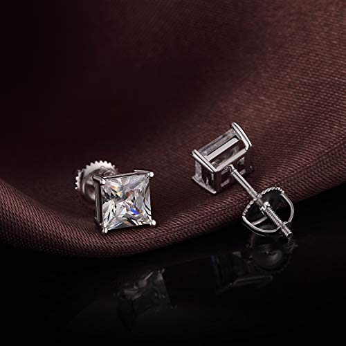 Men Stud Earrings Screw Back Men Diamond Earrings Cz Earrings Silver Square Stud Earrings With Screw Back Princess Cut Earring Cubic Zirconia Stud Earrings For Women Stretling Silver Men Earring 4Mm #TOP4