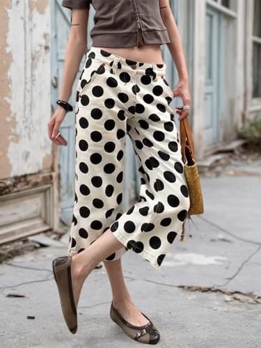 Y2K Polka Dot Capri Pants Flare Cropped Jeans Vintage Low Rise Wide Leg Trousers Casual Retro3