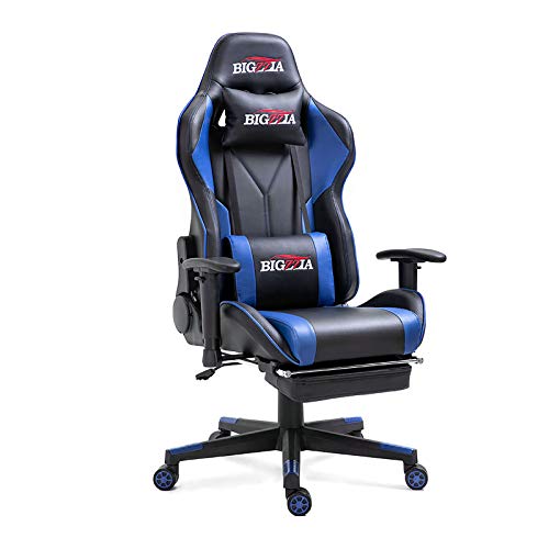 bigzzia Gaming Chair - Ergonomic Office Chairs - Reclining Computer Desk Chair - High Back Swivel PU Leather Racing Chairs with Retractible Footrest Adjustable Headrest and Lumbar Support (Blue)
