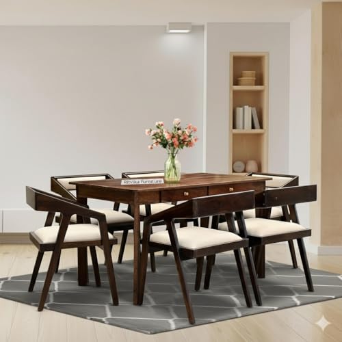 Image of Solid Sheesham Wood 6 Seater Dining Table with Cushioned Chairs with 2 Drawer Storage, Furniture for Dinner Rooms Walnut Finish (6 Seater)