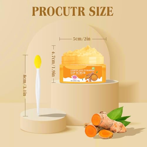 turmeric lemon lip scrub with brush lip scrubber exfoliator for dark lips dry chapped lips reduce fine lines natural nourish sugar lip scrub with aloe vera deep hydration moisturization 100g
