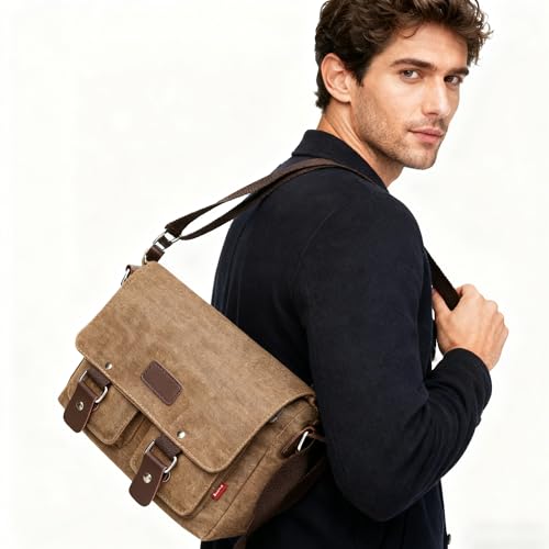 Umhängetasche, Vintage Canvas Schultertasche Herren, Multifunktionstasche mit Verstellbarem Schultergurt, für Schule und Arbeits,für Männer und Frauen, Braun