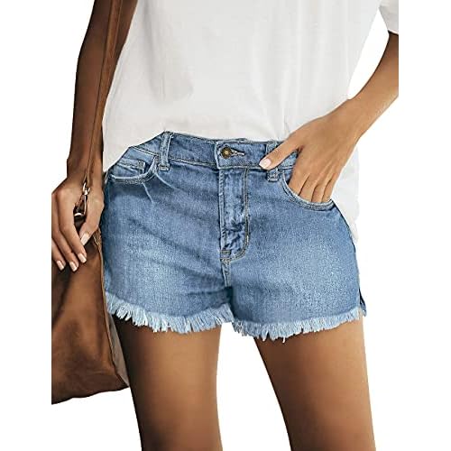 luvamia Women's Casual Mid Rise Denim Shorts Stretch Ripped Raw Hem Jean Shorts Small O Turquoise Blue