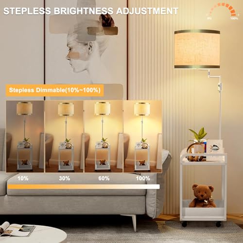 Image of Lightdot 63IN Floor Lamps with Table&Basket, Modern Standing Tall Lamps with Adjustable Fabric Shade and Movable Casters, End Table Lamp for Living Room /Sofa Beside /Corner Decor-White(Bulb Included)