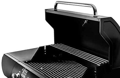Grill with lid open showing cooking grates