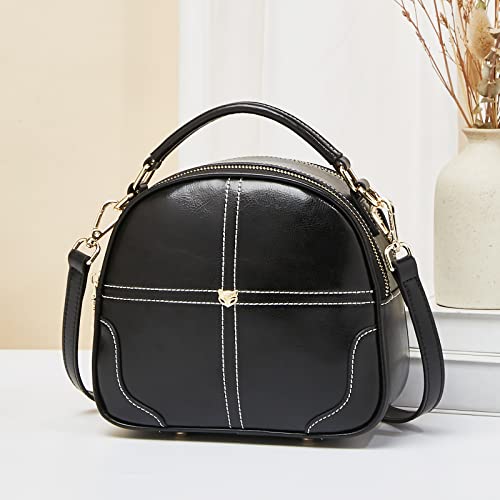 Small Leather Handbags For Women, Genuine Leather Ladies Mini Top-Handle Zipper Bags With 2 Type Adjustable Shoulder Strap Women's Fashion Messenger Chain Bags Girls Casual Compact Satchel (Black) #TOP5