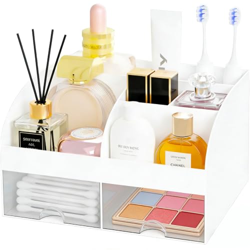Makeup Organizer with 2 Drawers Cosmetic Storage for Dresser Vanity and Bathroom Countertop Make up organization and Skincare Storage with Beauty Brush Holder Cosmetic Display Case (White)