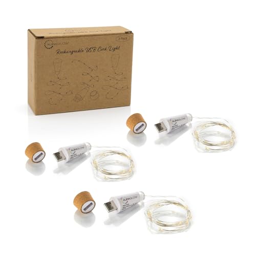Auraglow Wiederaufladbare USB-Flaschenkorken-Lichterkette mit 15 LEDs (3er-Pack)