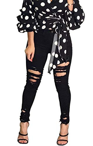 VICVIK Women High Waist Knee Skinny Distressed Ripped Boyfriend Jeans Denim Pants (Black, XL)