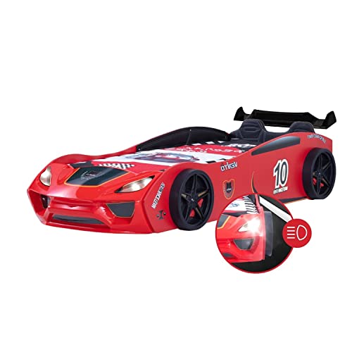 Coemo Autobett Dream Racer Sport Rot Kinderbett im Rennauto-Design mit Lattenrost 90x200 Kunstleder Sportsitze, Spoiler mit Aufklebern, LED Beleuchtung Spielbett für Jungen und Mädchen