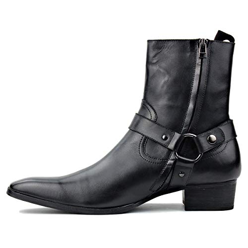 OSSTONE Men Chelsea Ankle Boots Leather Chukka Motorcycle Boots with Side Zipper Heel Retro Dress Boots JY0174