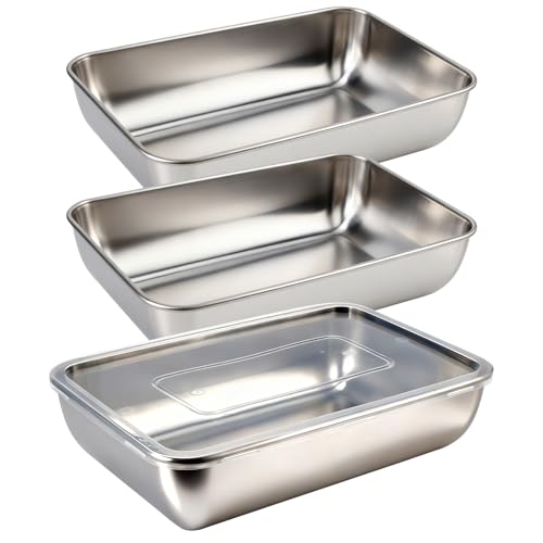 3 Piezas Bandeja Horno Acero Inoxidable, Rectangular Molde para Pan, Reutilizables Recipientes de Acero Inoxidable con Tapa, Molde Pan Molde Rectangularbandeja Horno, Fácil de Limpiar, 22x14.5x5 cm