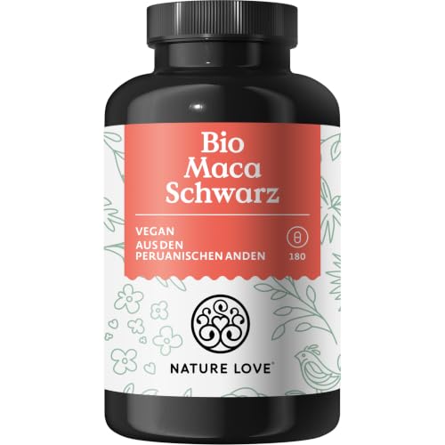 NATURE LOVE Bio Maca Kapseln (schwarz) - 3000 mg je Tagesdosis - 180 Kapseln - Mit natürlichem Vitamin C - Ohne Magnesiumstearat Zertifiziert Bio hochdosiert vegan in Deutschland produziert