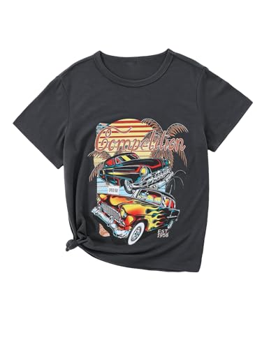 WDIRARA Girl's Car Letter Print Round Neck Short Sleeve T Shirt Tee Graphic Top