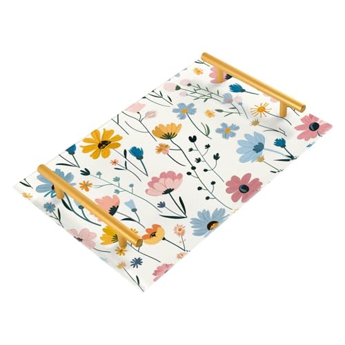 Bathroom Vanity Tray Counter Organizer, Cute Little Spring Blue Flowers Decorative Tray with Handles Countertop Storage for Bathroom Bedroom Kitchen Home Farmhouse