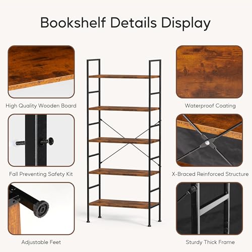 Image of HealSmart 5 Tier Bookshelf, Free Standing Book Shelf Home Office Bookcase Shelf Storage Organizer for Bedroom, Bathroom, Living Room, Office, Balcony, Classic Black