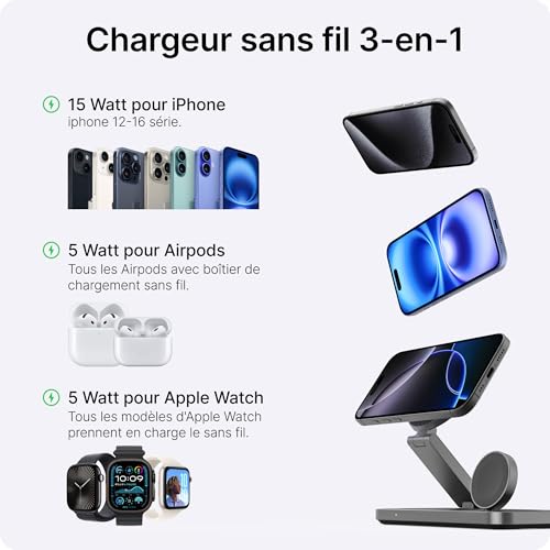 Chargeur Induction 3-en-1 compatible MagSafe 15W pour iPhone noir