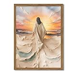 Framed 3D Textured Jesus Walking on Water Wall Art - Christian Wall Decor Pictures, Divine Light Sandstone Paintings, Abstract Religious Prints for Living Room Bedroom Church Decoration 12x16 inch