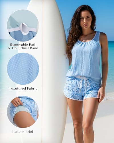 Image of Aidonger Women's Tankini Swimsuit Modest Two Piece Bathing Suit Tummy Control Athletic Blouson Tank Top with Short Bottoms