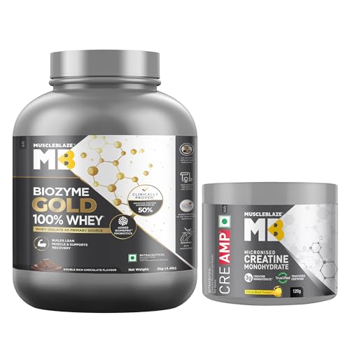 Image of MuscleBlaze Biozyme Gold 100% Whey Protein Powder, Double Rich Chocolate (2kg / 4.4lbs) & Micronised Creatine Monohydrate CreAMP, Citrus Blast (30 Servings, 120g) | Combo Pack