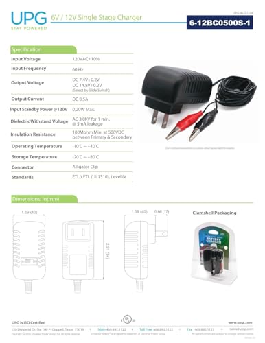 UPG D1724 Sealed Lead Acid Battery Charger (6V/12V Switchable Single-Stage With Alligator Clips)