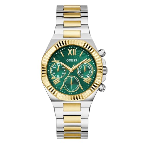 GUESS Equality - Reloj analógico para mujer con esfera redonda y resistente al agua, Verde, informal