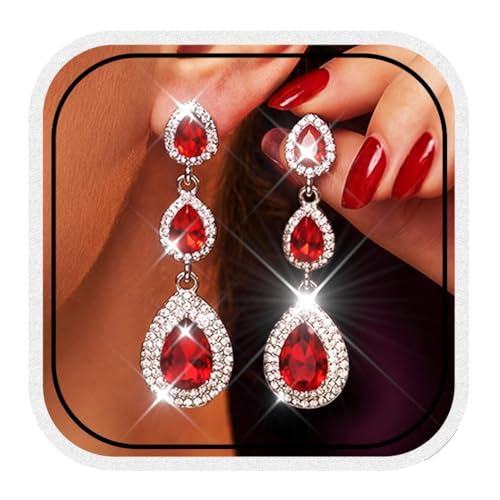 Catery Long Rhinestone Earrings Red Teardrop Earrings Dangling for Women