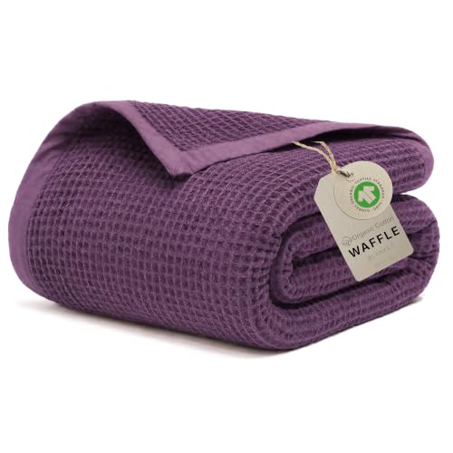 Image of GOTS Certified 60 inchX80 inch Twin 100% Organic Cotton Waffle Blanket-Dark Purple | Premium Waffle Blankets & Throws for Bed, Throw Blanket for Couch, Modern & Cozy Blanket, All Season, Comfy and Soft Blankets