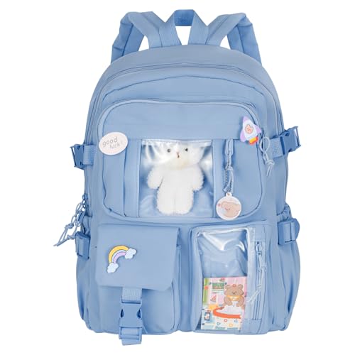 M.J COMFY-LIFE Cute Kawaii Backpack for Girls Large Capacity School Backpack with Bear Pendant & Pins, Lightweight Multi-Pocket Rucksack for Teens (Blue/Pink) Waterproof Laptop Bag for College (BLUE)