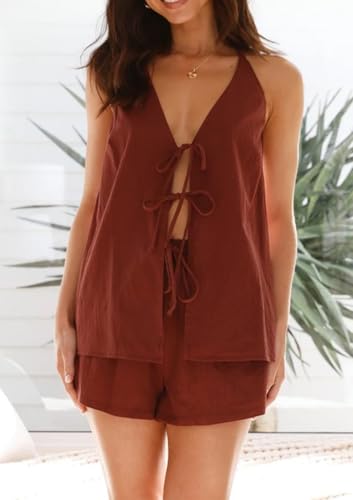 Image of ROAONOCOMO Women Tie Front Shorts Set V Neck Halter Cami Top Y2K 2 Piece Pj Set Graphic Summer Beach Lounge Outfit
