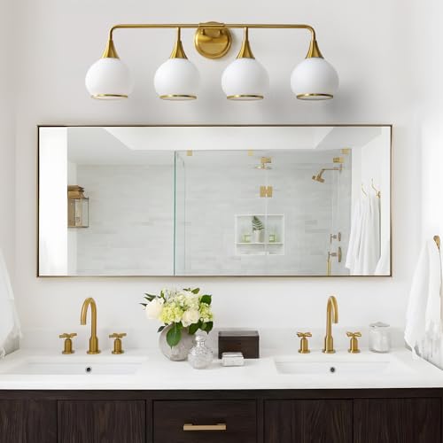 Image of Brass Gold Bathroom Light Fixtures 4-ights Vanity Lights with Milky White Frosted Glass Shade Bathroom Vanity Light 30.7 inch Wall Sconce Lighting Bath(Exclude E26 Bulb)