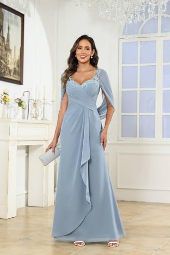 Cape Sleeve Mother of The Bride Dresses for Wedding Long Mermaid Ruched Chiffon Lace Formal Evening Gown3