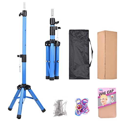 Blue Wig Stand Tripod for Cosmetology Hairdressing Training,Adjustable Mannequin Head Tripod and Heavy Duty Wig Head Stand,for Braiding Hair and Styling(40 inches) (Mannequin Head Not Included)