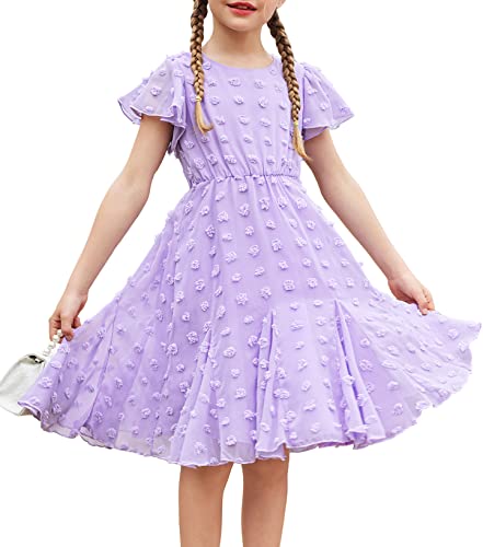Arshiner Girls Girly Dress Swiss Dot Ruffle Short Sleeve Twirly Cute Dresses for 5-12 Years Old