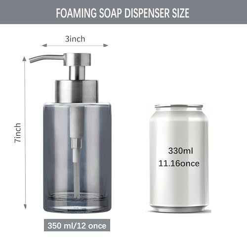 Image of Enra Silver Glass Soap Dispenser, Foaming Hand Bathroom Soap Dispenser | 12oz thick glass body with stainless steel pump. Modern countertop dispenser for bathroom, kitchen sink and home decor.