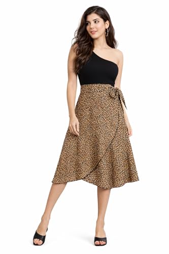 Image of Women's Floral & Animal Print Wrap Skirt - Midi Length A-Line Summer Skirt with Side Tie-Up, Tropical Cheetah Tiger Casual Beach Wear