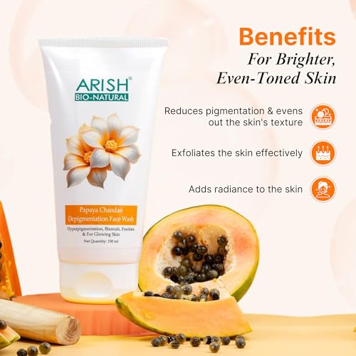 Image of ARISH BIO-NATURAL Papaya Chandan Depigmentation Face Wash with Niacinamide & Sandalwood | Fades Pigmentation, Dark Spots & Blemishes | Herbal Daily Cleanser | 150 ml